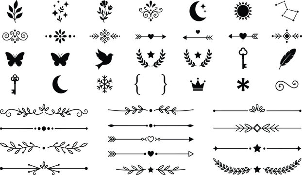 Black celestial dividers, mystical hand drawn icons, isolated botanical border vectors, cute moon sun stars, elegant wedding design elements, embellishments,