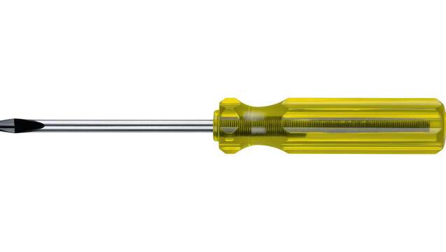Isolated vivid yellow handled Phillips head screwdriver for various repair and construction tasks.