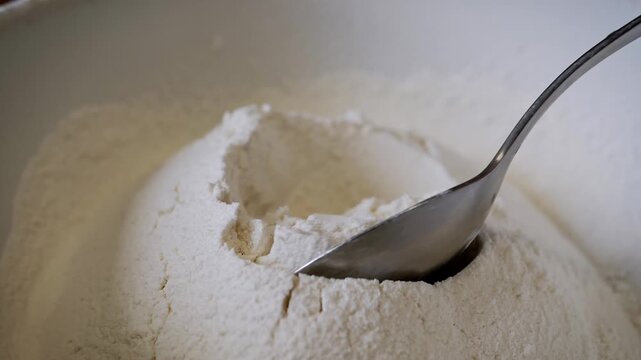 A metal spoon pushes through a mound of white wheat flour inside a mixing bowl. The close-up shot captures the texture of the fine powder as it is being measured for a baking recipe.