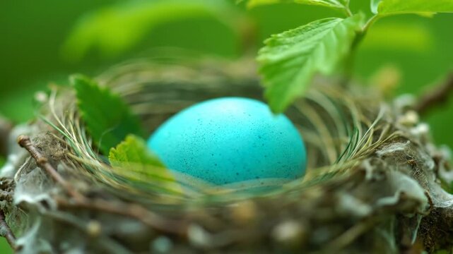 A single blue bird egg rests in a natural nest surrounded by green leaves with soft natural light