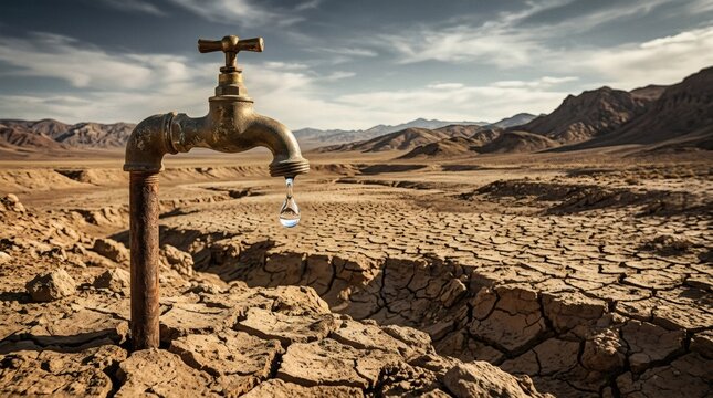 Drought, dry landscape, single dripping faucet, cracked earth, desert