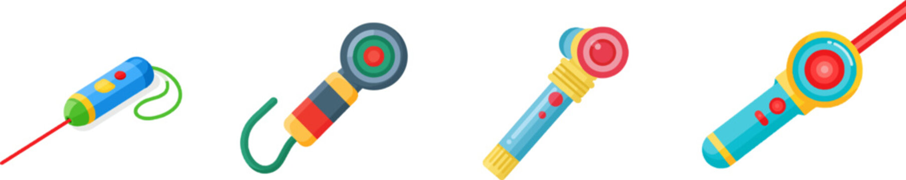 A vibrant, flat vector icon of a colorful handheld laser pointer toy for cats features bright colors, modern UI style, clean lines, and an isolated white background