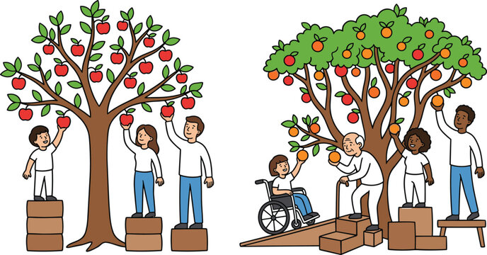 Flat vector illustration depicting equality versus equity concept with diverse people harvesting fresh fruit from tree with structural adjustments