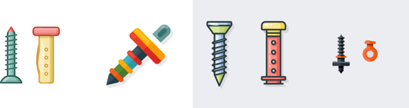 A vibrant flat vector icon of a loose wall screw next to a plastic wall anchor insert, both depicted in bright colors with clean lines against a pure white background