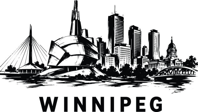 Winnipeg city skyline black and white vector art featuring the canadian museum for human rights, esplanade riel and downtown skyscrapers and ink