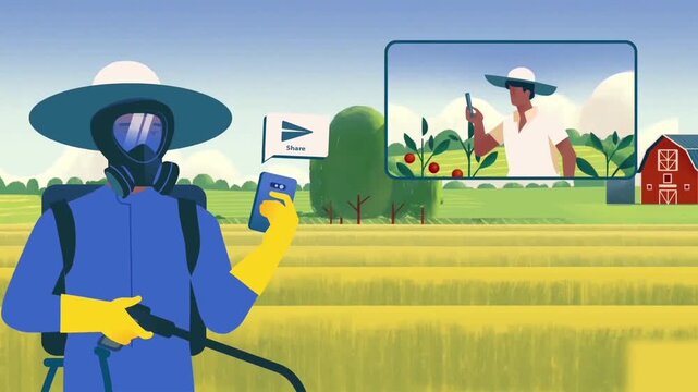 2D animated industrial crop dusting farmer spraying field for agricultural management, pest control, and food security explainer videos