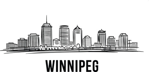 Obraz premium Winnipeg city skyline sketch featuring hand-drawn skyscrapers and bold typography text, minimalist black and white urban panorama and office building