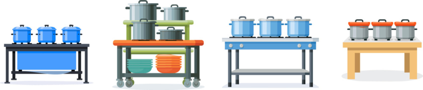 A vibrant flat vector illustration depicts a professional kitchen prep station featuring three blue stainless steel pots with lids, neatly arranged on a sleek black metal table against a pure white