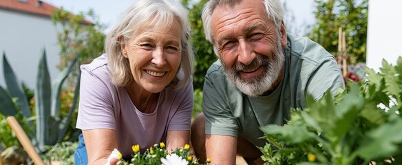 Fototapeta premium A joyful elderly couple gardening together in a colorful backyard filled with fresh plants on a sunny day.