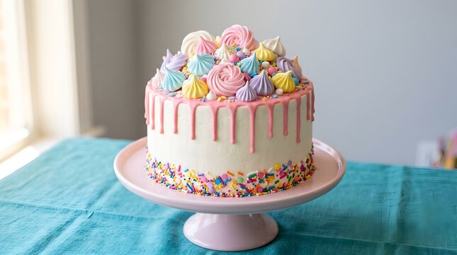 Vibrant Cake on Pedestal with Colorful Frosting and Sprinkles