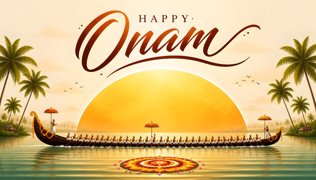 Onam celebration featuring golden sunset, Kerala snake boat, colorful Pookalam illustration background wallpaper for festive greetings.