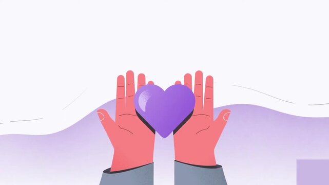 2D animated hands holding a glowing purple heart icon for non profit charity, corporate social responsibility, and health wellness videos
