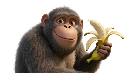 Isolated cute animated monkey happily smiling and holding a partially peeled yellow banana © Ciara