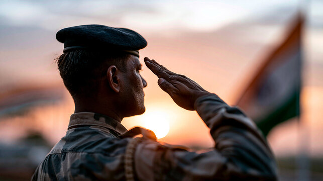 Ultra realistic Indian soldier respectfully saluting the Indian national flag during sunrise, dramatic warm lighting, emotional patriotic atmosphere, shallow depth of field, premiu