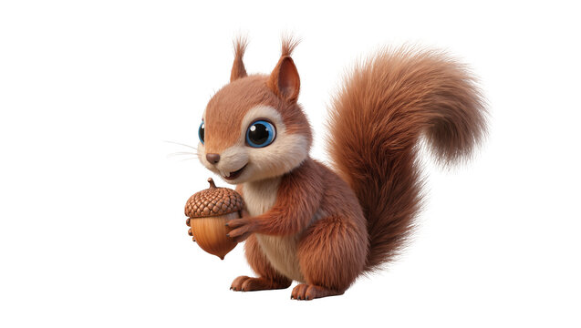 Isolated cute cartoon squirrel holding an acorn, smiling happily with big blue eyes