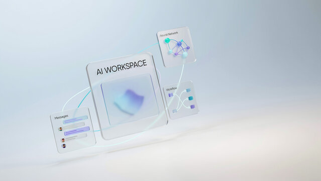 AI Workspace Interface with Floating Windows on White Background