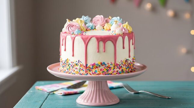 Decorated cake on a cake stand with colorful sprinkles and frosting