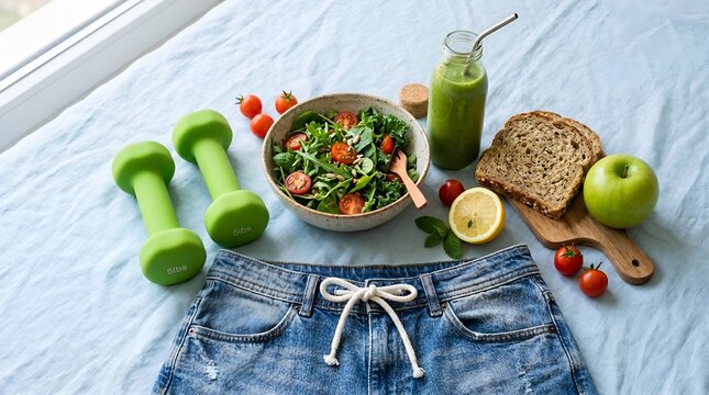 Healthy lifestyle still life with fitness and food