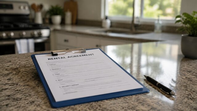 A blue clipboard holding a printed rental agreement document rests on a granite kitchen countertop beside a pen and potted plant, evoking the practical and emotional dimensions of the