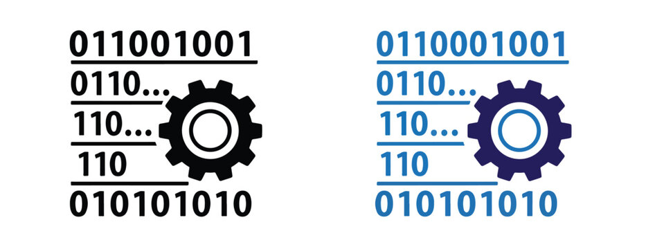 Gear icon set with binary code vector illustration - Line and glyph solid icon and logo template - Clipart, sticker - icon set