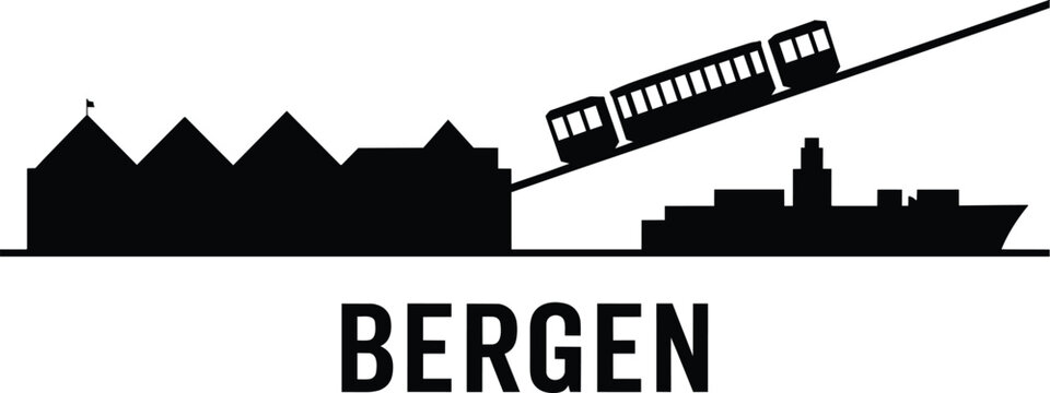 Bergen skyline silhouette featuring the funicular railway, traditional bryggen wooden wharf houses, and a harbor cruise ship and old town, cable car