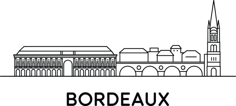 Bordeaux landmarks skyline minimalist black line art vector featuring place de la bourse, pont pierre bridge, and cathedral spire and landmark
