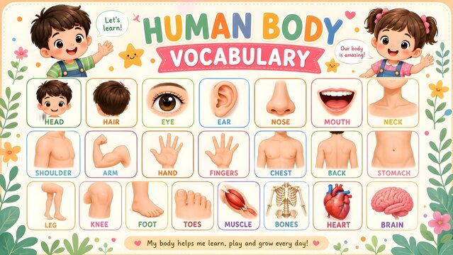 english picture dictionary for human body parts education with cartoon children avatars and label text
