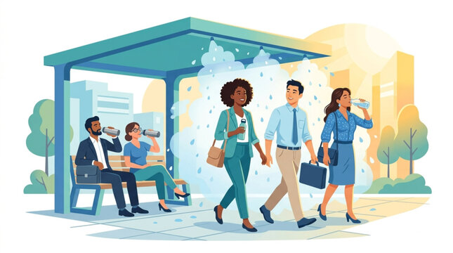 Diverse group of people waiting at a bus stop under a shelter, with some walking past in a city environment, conveying a daily commute and urban lifestyle
