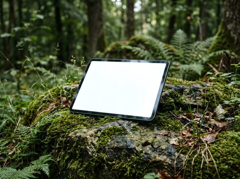 Blank tablet mockup placed on a mossy forest rock surrounded by lush greenery in a peaceful natural environment