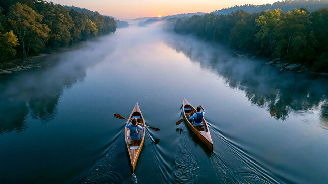 A professional drone photograph from a low-angle perspective, looking diagonally from behind two paddlers side-by-side in separate classic cedar strip canoes on a glassy, mist-shro