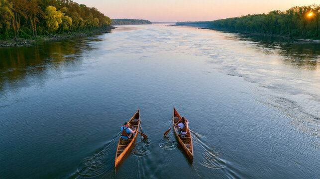Low diagonal rear-view drone photography, focused on two paddlers in separate classic cedar canoes moving forward in unison on a wide, calm river. The vast river guides the eye tow