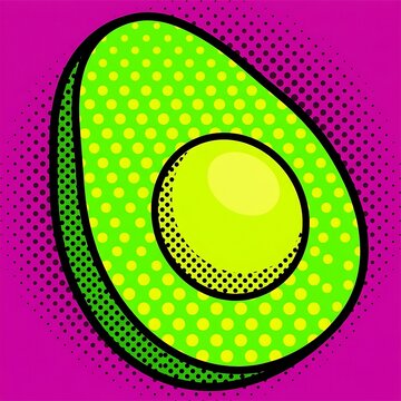 pop art poster of a halved avocado with bright green flesh, neon yellow pit, magenta background,.
