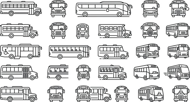 Public transit and school bus vehicle outline icon set representing passenger logistics city transportation travel and student commute