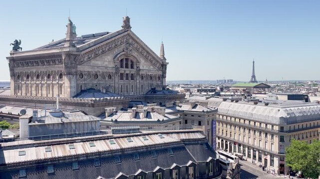 Palais Garnier with Eiffel Tower on Paris skyline in summer
