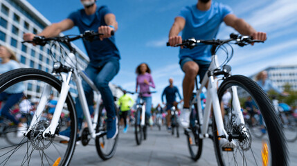 Fototapeta premium Slow-speed photography of faceless people cycling, running and walking on a bright car-free day, soft motion trails and warm light, car-free day, crowd, pedestrianization, cycling,