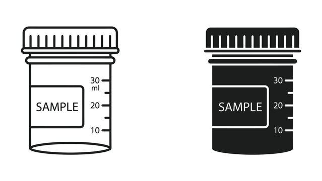 Sample Container Icons: Two distinct icons representing a sample container, one in outline and the other in solid black, both featuring measurement markings and a label area for 'SAMPLE'.