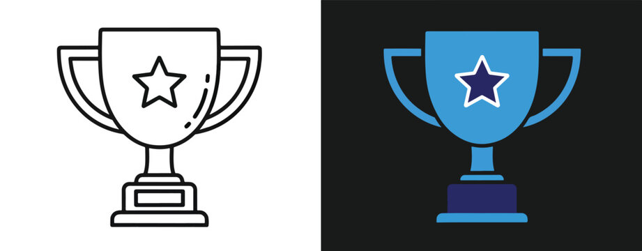 Vector trophy icons with star and base in line art style - Line and glyph solid icon and logo template - Clipart, sticker - icon set