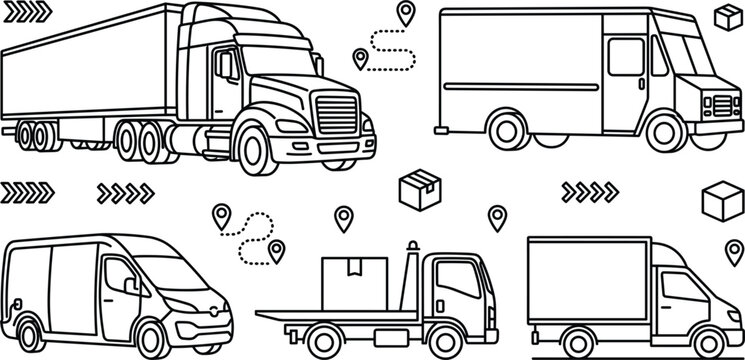 Commercial Freight Transportation and Delivery Fleet Line Icon Set Featuring Semi Truck, Step Van Courier, Cargo Panel Van, Flatbed Loader, and Box Truck Vector Elements
