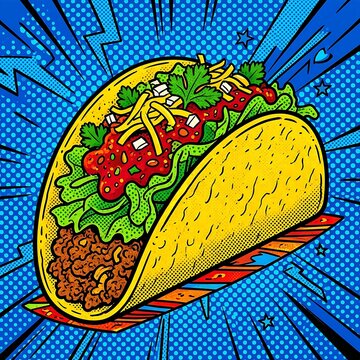 pop art poster of a classic taco with bright yellow corn shell, deep red salsa, and emerald green lettuce, cobalt blue background,.