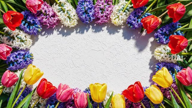 Vibrant floral frame composed of colorful tulips and hyacinths on a textured white background with copy space.
