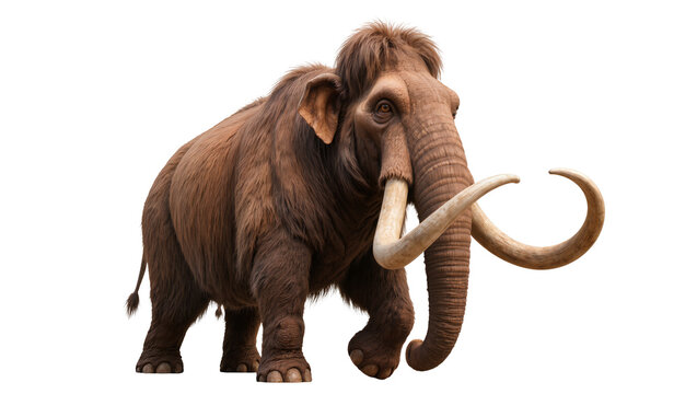 Isolated large hairy woolly mammoth standing with tusks, prehistoric animal, side view