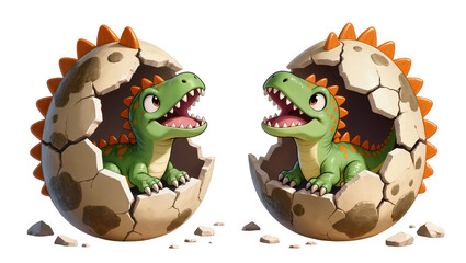 Isolated happy cartoon baby dinosaurs hatching from cracked eggs, cute prehistoric creatures © Ciara