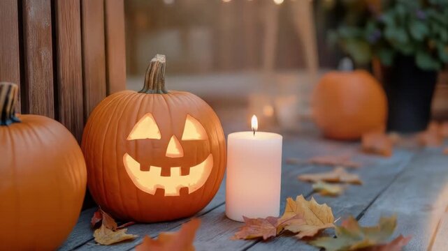 Cozy autumn scene with lit pumpkin lantern and candle on wooden porch