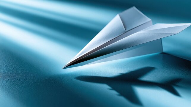 Paper plane casting a shadow of a real airplane