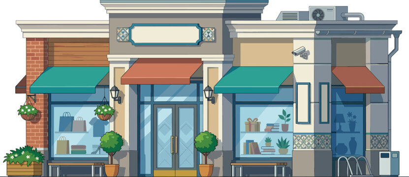 Modern storefront flat vector illustration of small business boutique retail shop facade building isolated on white background