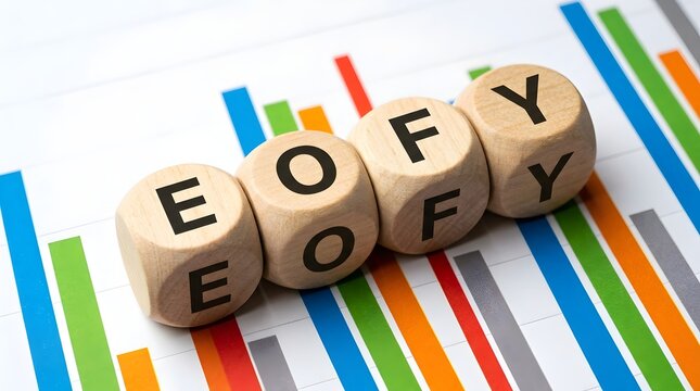 Wooden cubes with the letters EOFY representing the end of financial year sitting on a colorful bar chart displaying business growth and sales data