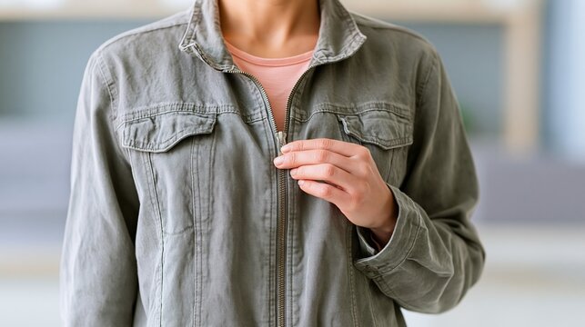 Person Zipping Up Casual Jacket
