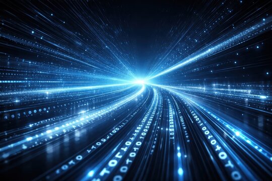 Futuristic digital highway with glowing blue data streams and binary code.