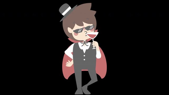 animated video happy halloween holiday festival with boy wearing vampire dracula costume and sunglasses drinking blood wine glass, overlay transparent prores 4444 4K
