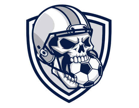 Skull mascot in helmet biting soccer ball with shield background